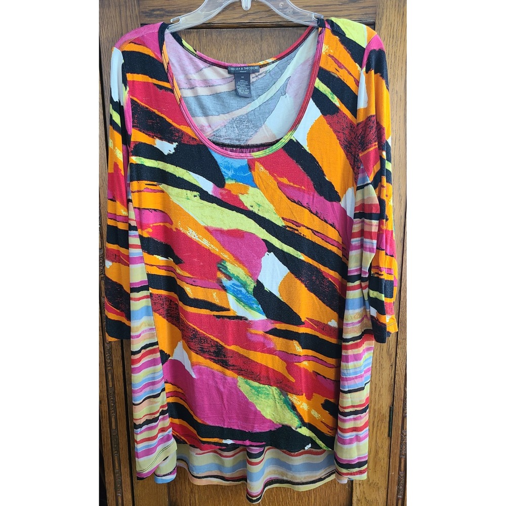 Chelsea & Theodore 1X Abstract Stripe Mixed Media Tunic Top 3/4 Sleeve Multi‎